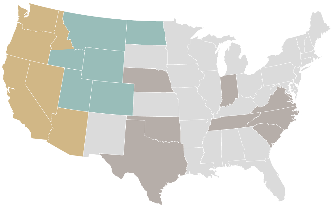 map of what states each regional director oversees. Joelyn Meighan oversees Washington, Idaho, Oregon, California and Nevada. Chris Barone oversees Montana, North Dakota, Minnesota, Wyoming, Idaho, Nebraska Utah, Colorado, Arizona, Texas, Oklahoma, Ohio, New York, Virginia, North Carolina, South Carolina, Tennessee and Florida.